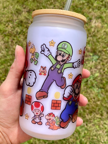 Mario Bros - Libbey cup - glass can with bamboo lid and glass straw