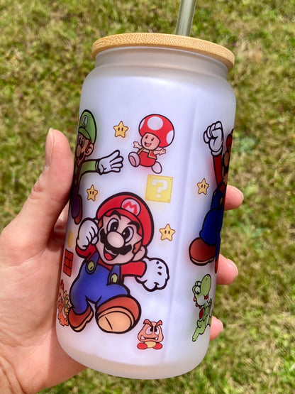 Mario Bros - Libbey cup - glass can with bamboo lid and glass straw