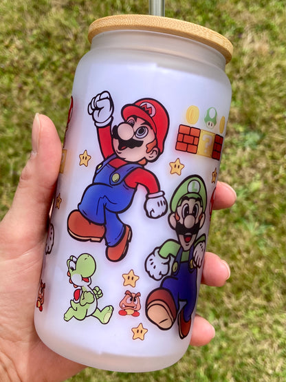 Mario Bros - Libbey cup - glass can with bamboo lid and glass straw
