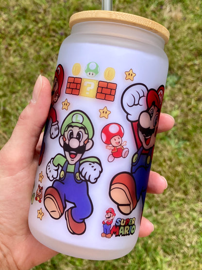 Mario Bros - Libbey cup - glass can with bamboo lid and glass straw