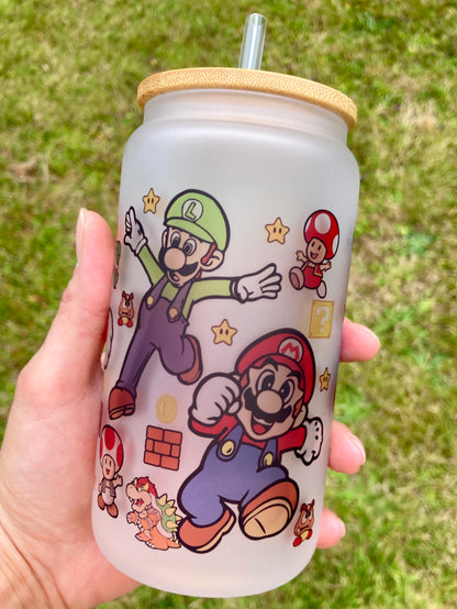 Mario Bros - Libbey cup - glass can with bamboo lid and glass straw