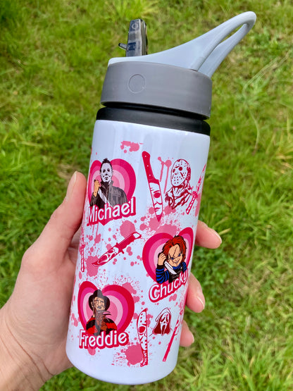 Horror movie villains - Pink hearts - water bottle 600ml