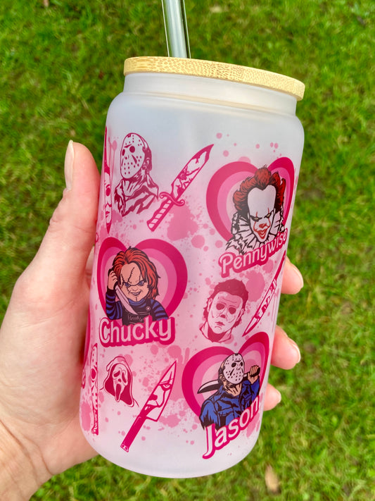 Horror Villains Pink - Libbey cup - glass can with bamboo lid and glass straw
