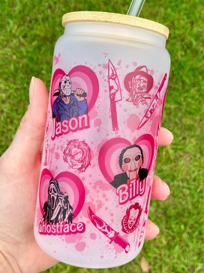 Horror Villains Pink - Libbey cup - glass can with bamboo lid and glass straw