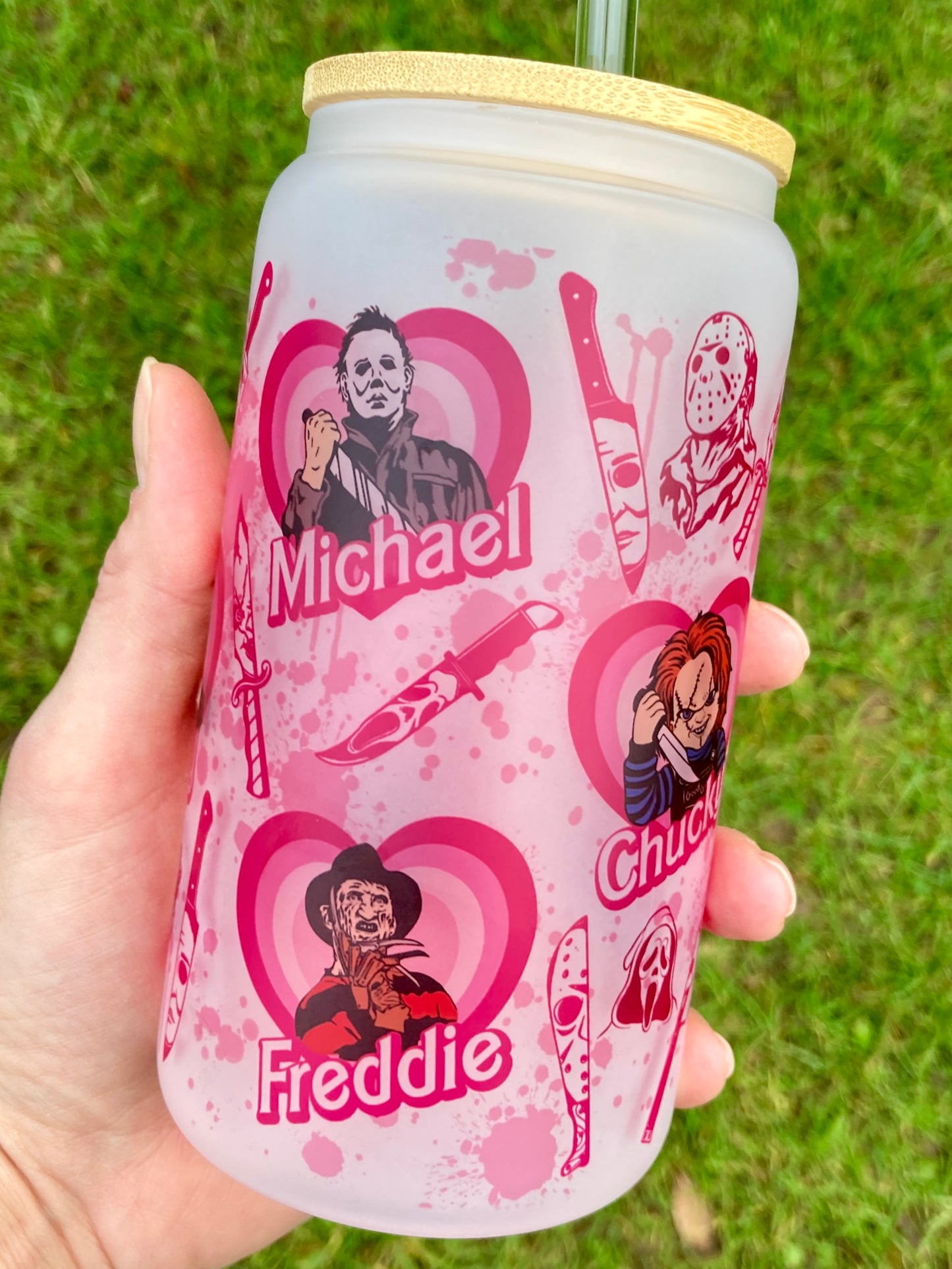 Horror Villains Pink - Libbey cup - glass can with bamboo lid and glass straw