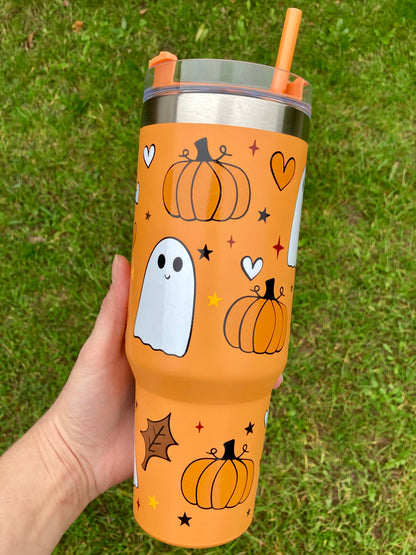 Halloween ghosts & pumpkins - Orange - 40oz tumbler