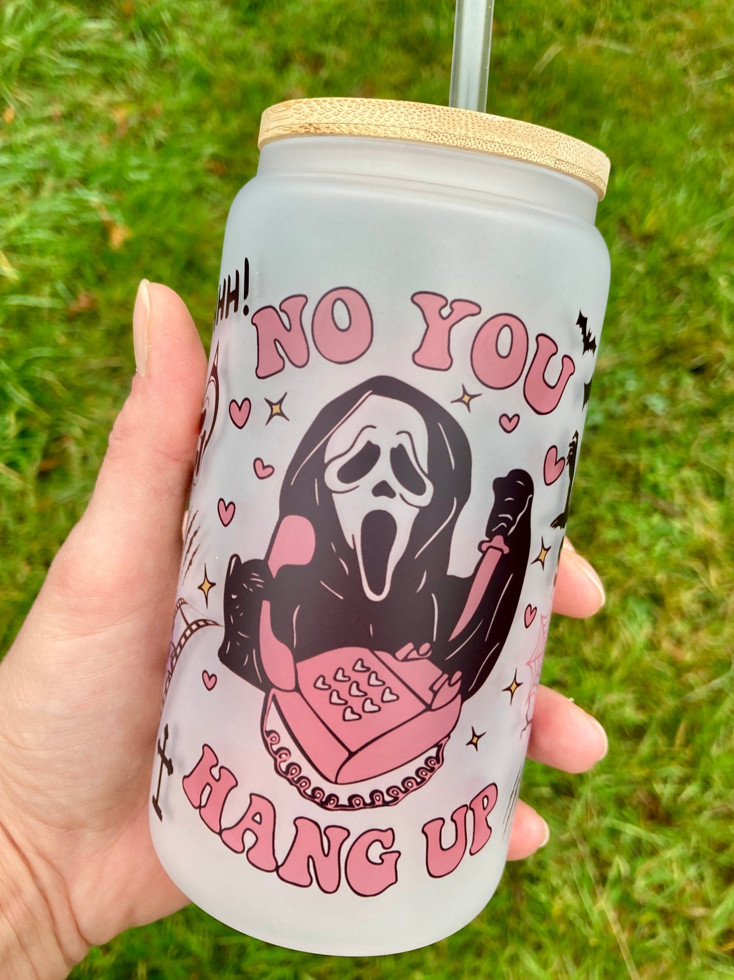 Pink Ghostface Scream - Libbey cup - glass can with bamboo lid and glass straw