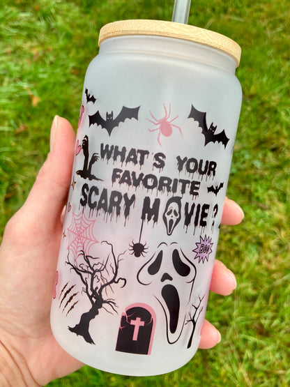 Pink Ghostface Scream - Libbey cup - glass can with bamboo lid and glass straw