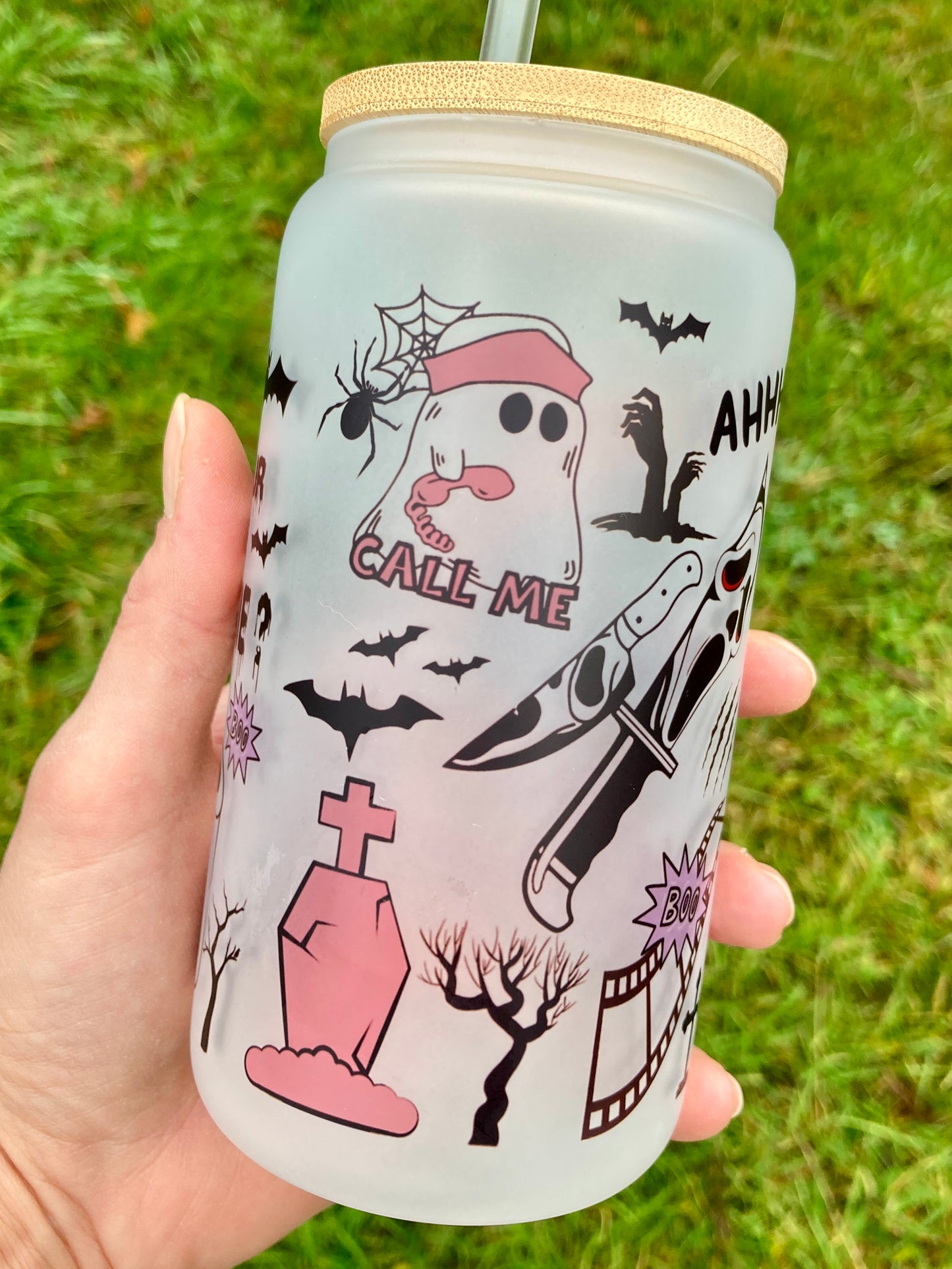 Pink Ghostface Scream - Libbey cup - glass can with bamboo lid and glass straw