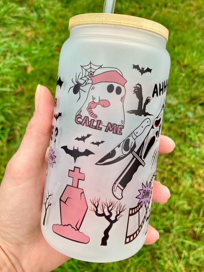 Pink Ghostface Scream - Libbey cup - glass can with bamboo lid and glass straw