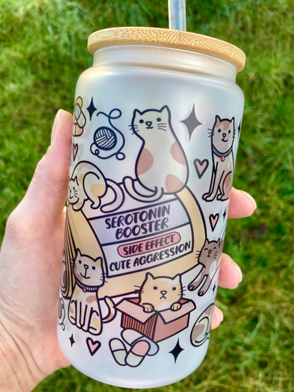 Serotonin cats - Libbey cup - glass can with bamboo lid and glass straw