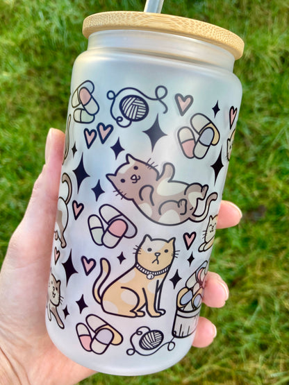 Serotonin cats - Libbey cup - glass can with bamboo lid and glass straw