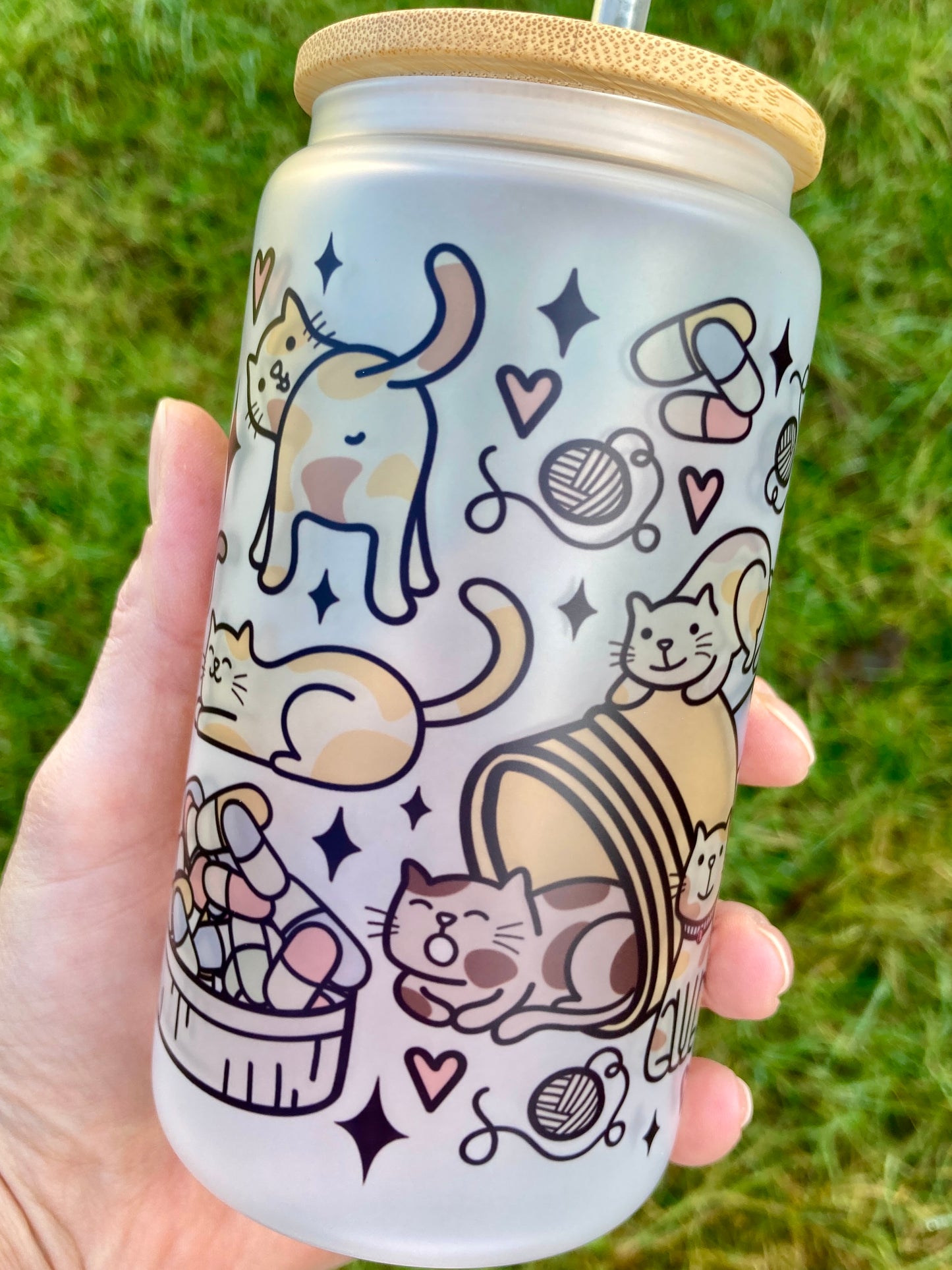 Serotonin cats - Libbey cup - glass can with bamboo lid and glass straw