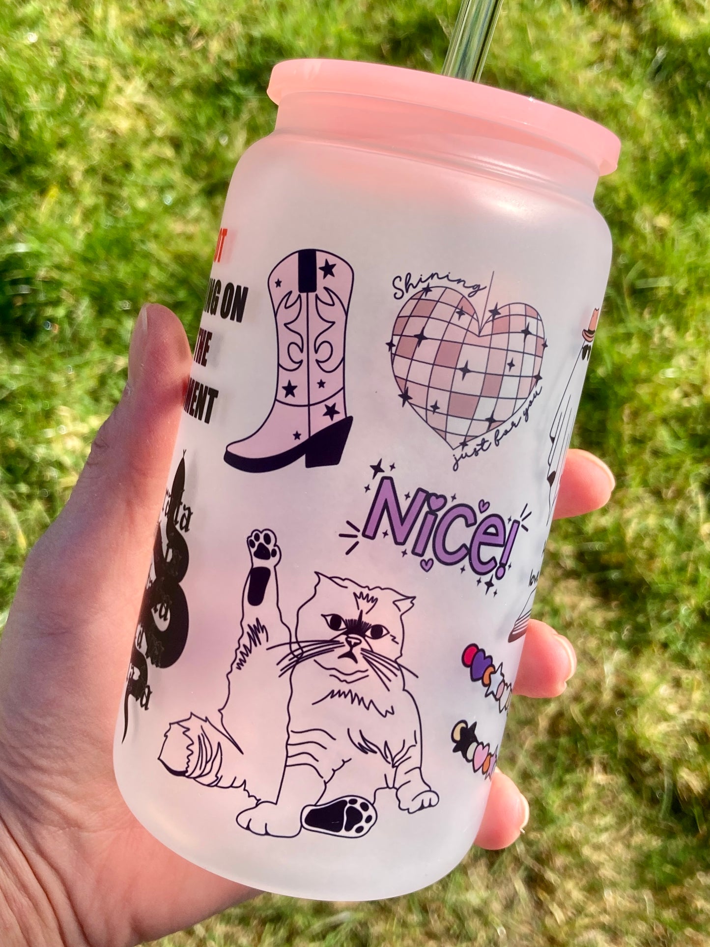 TS albums inspired - Libbey cup - glass can with bamboo lid and glass straw