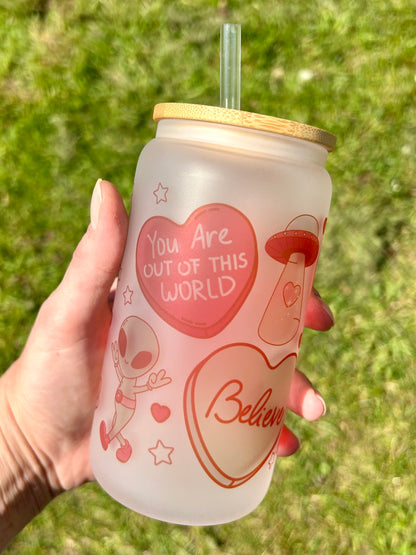 I Love UFOs - Libbey cup - glass can with bamboo lid and glass straw