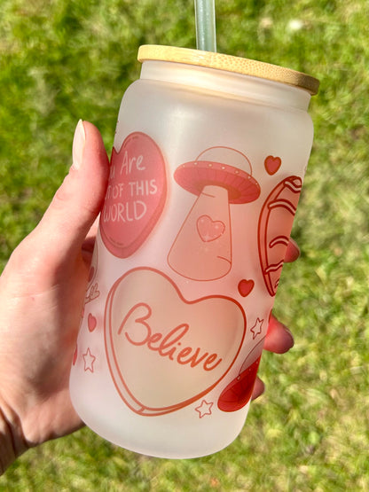 I Love UFOs - Libbey cup - glass can with bamboo lid and glass straw