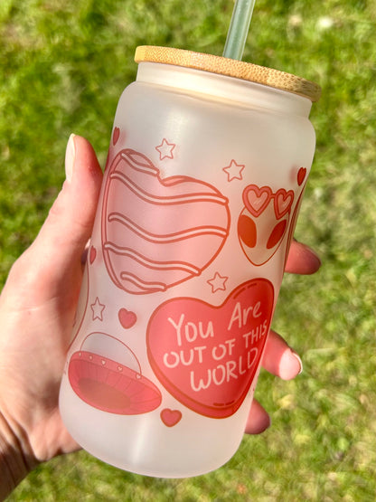 I Love UFOs - Libbey cup - glass can with bamboo lid and glass straw