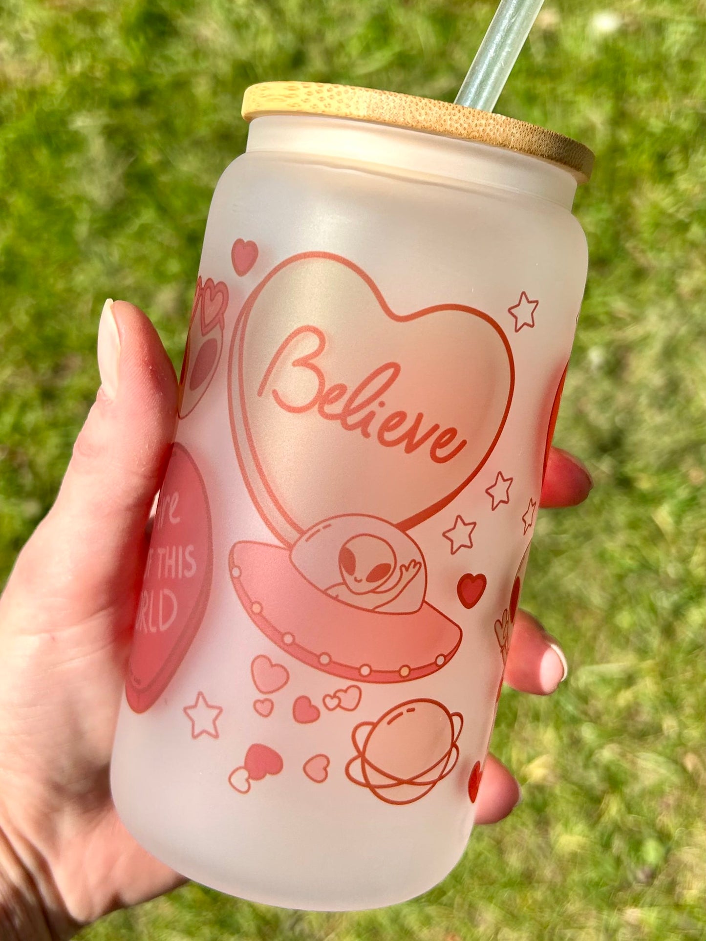 I Love UFOs - Libbey cup - glass can with bamboo lid and glass straw