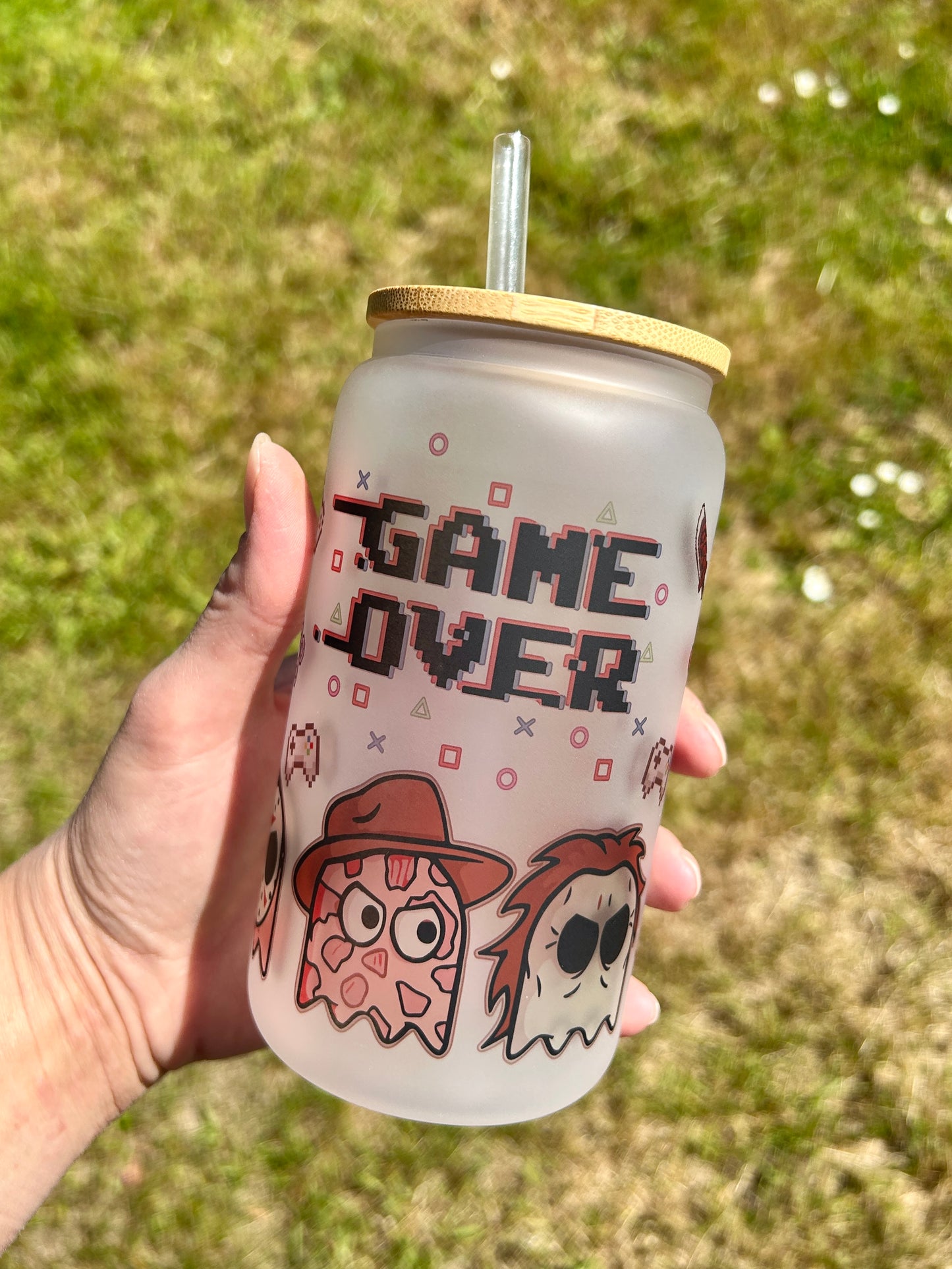 Pacman Horror Villains - Libbey cup - glass can with bamboo lid and glass straw