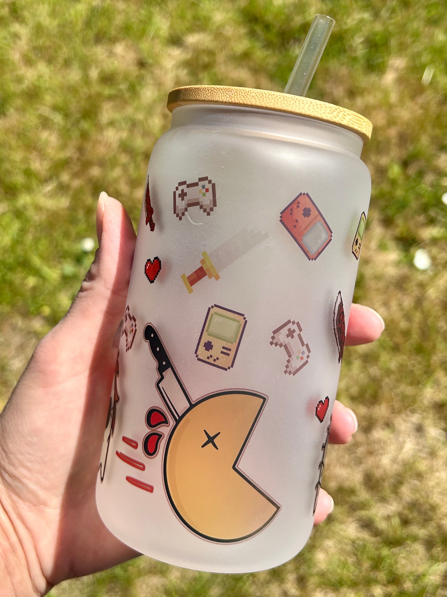 Pacman Horror Villains - Libbey cup - glass can with bamboo lid and glass straw