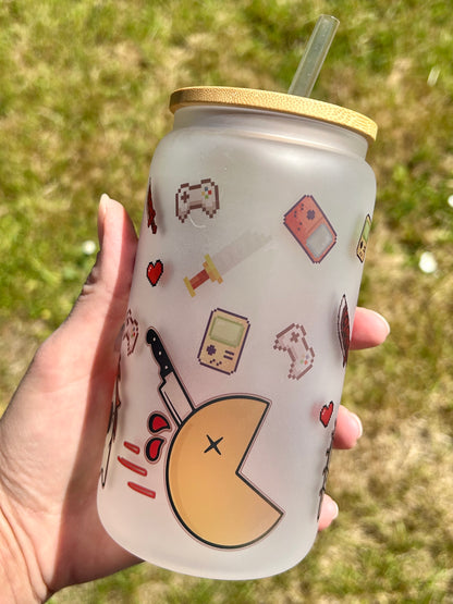 Pacman Horror Villains - Libbey cup - glass can with bamboo lid and glass straw