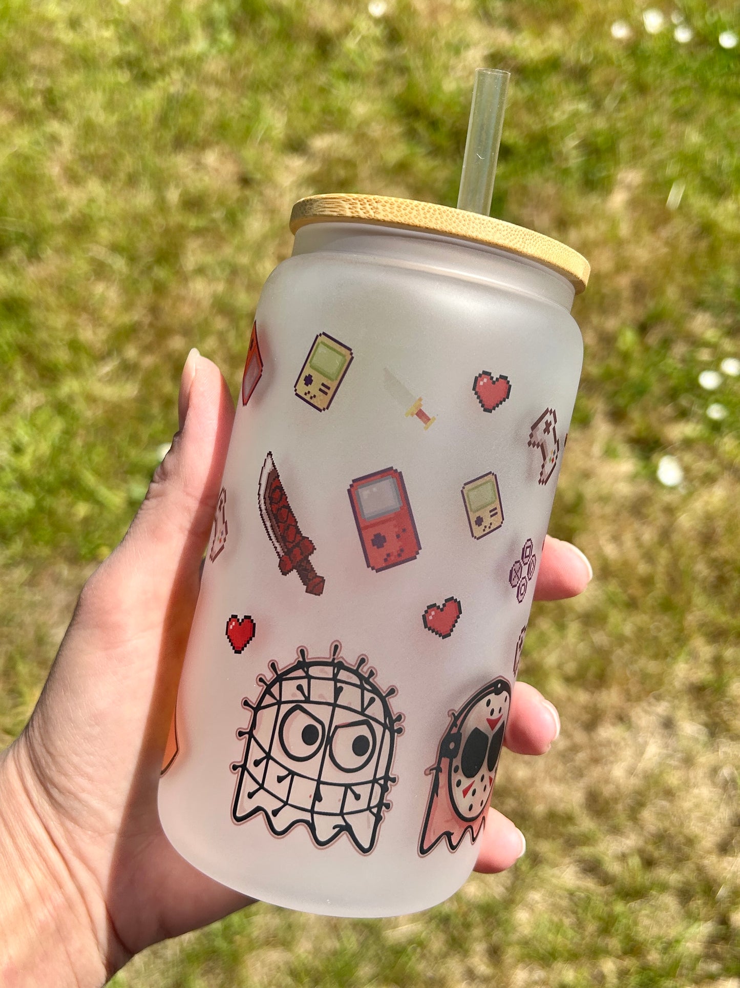 Pacman Horror Villains - Libbey cup - glass can with bamboo lid and glass straw