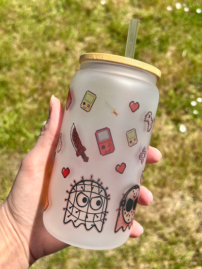 Pacman Horror Villains - Libbey cup - glass can with bamboo lid and glass straw