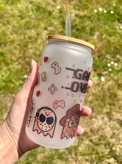 Pacman Horror Villains - Libbey cup - glass can with bamboo lid and glass straw