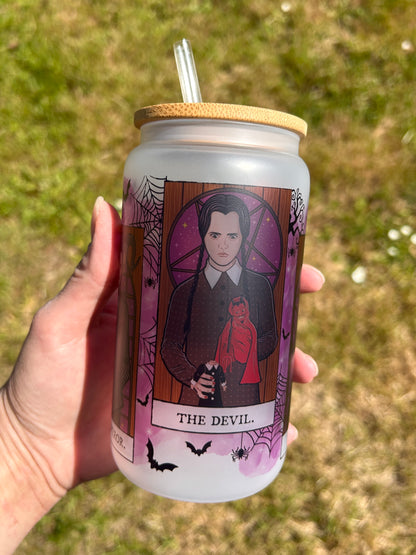 Addam's Family - Libbey cup - glass can with bamboo lid and glass straw