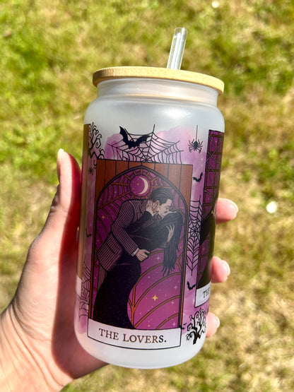 Addam's Family - Libbey cup - glass can with bamboo lid and glass straw