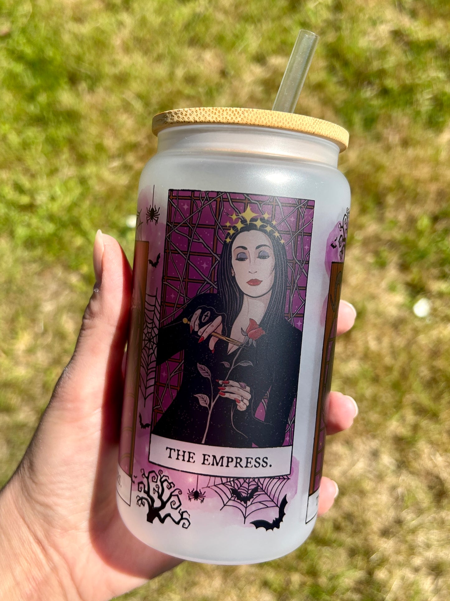 Addam's Family - Libbey cup - glass can with bamboo lid and glass straw