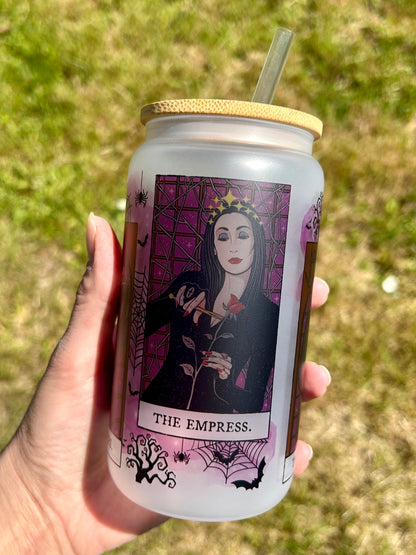 Addam's Family - Libbey cup - glass can with bamboo lid and glass straw