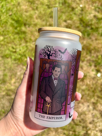 Addam's Family - Libbey cup - glass can with bamboo lid and glass straw