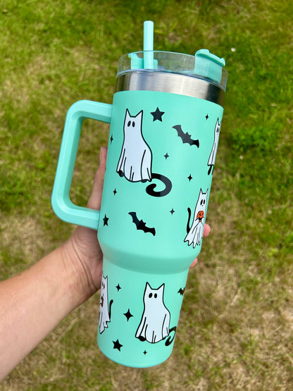 Ghost cats & bats - Mint green - 40oz tumbler