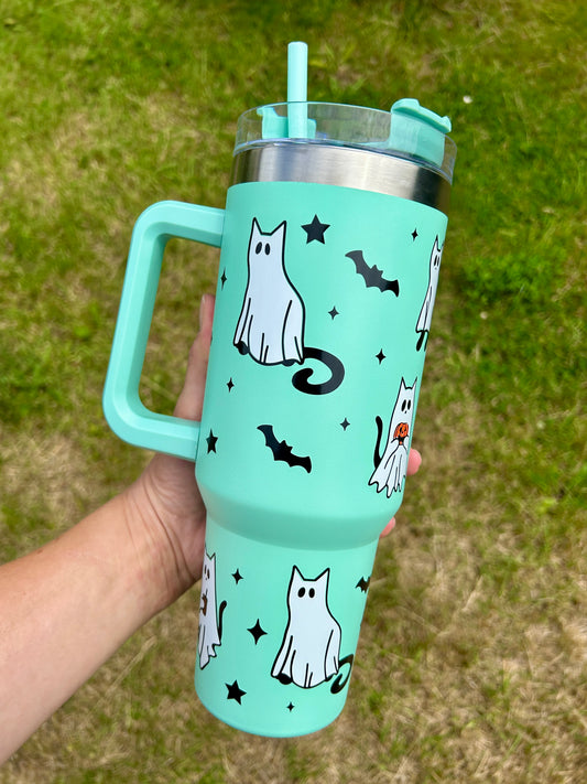 Ghost cats & bats - Mint green - 40oz tumbler