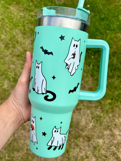 Ghost cats & bats - Mint green - 40oz tumbler