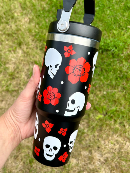 Skulls and flowers - Black 30oz tumbler
