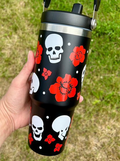 Skulls and flowers - Black 30oz tumbler
