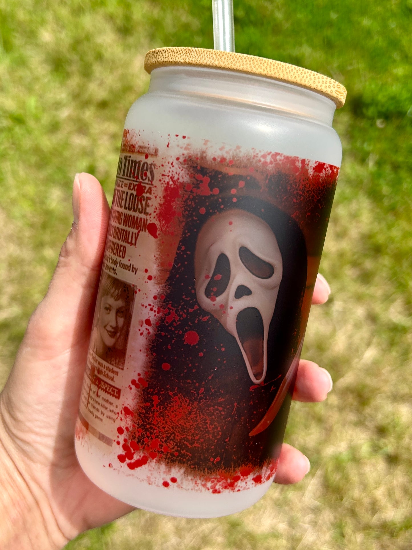 Horror Scream Casey - Libbey cup - glass can with bamboo lid and glass straw