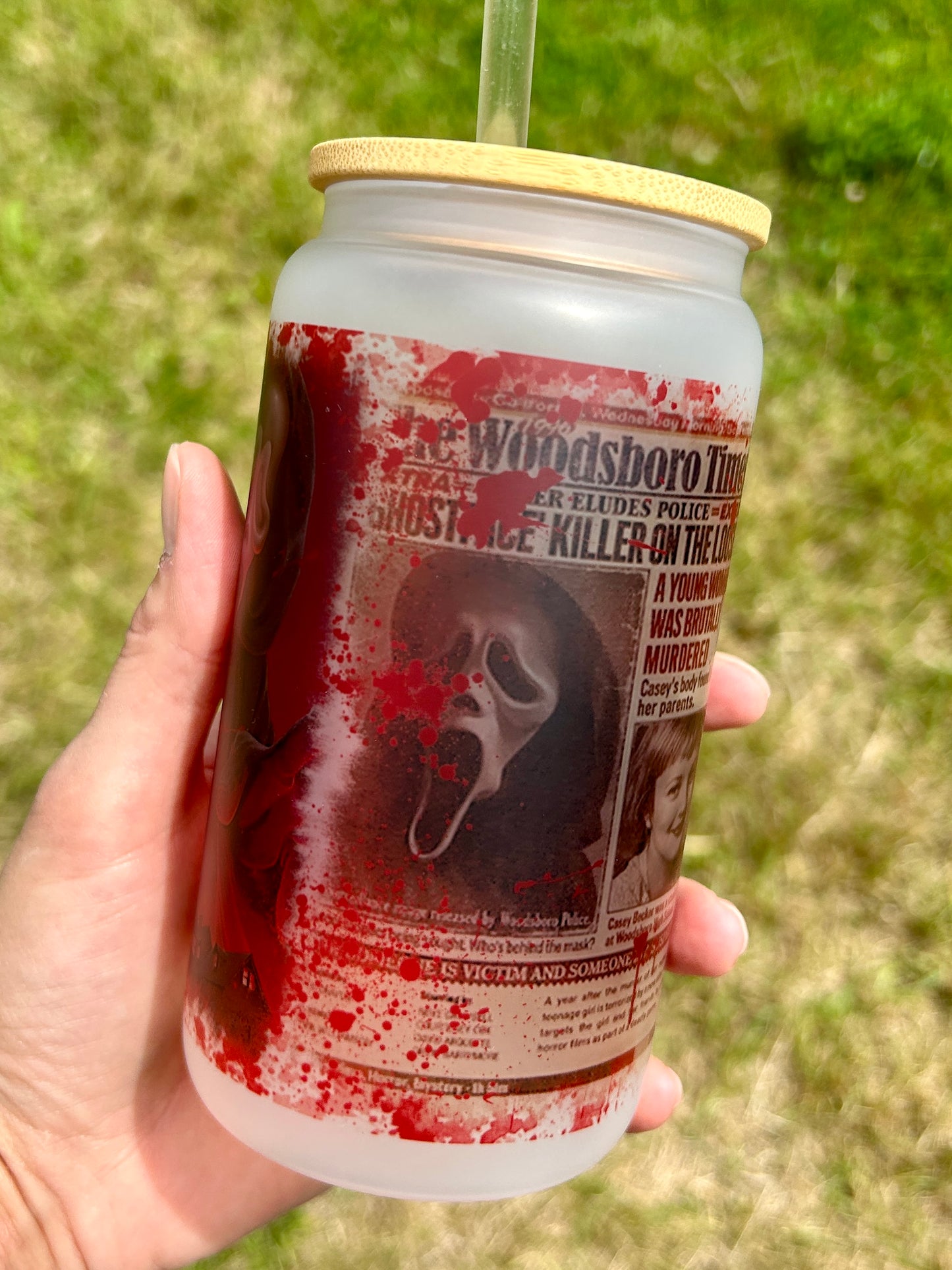 Horror Scream Casey - Libbey cup - glass can with bamboo lid and glass straw