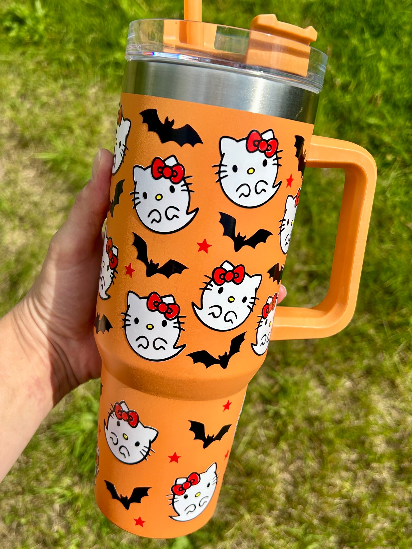 Ghost Kitty & bats - Orange - 40oz tumbler
