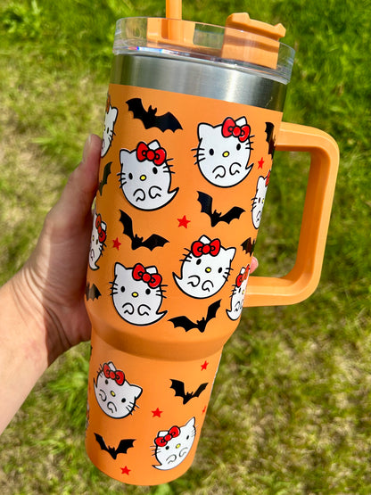 Ghost Kitty & bats - Orange - 40oz tumbler