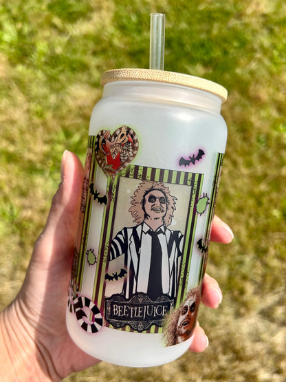 Beetlejuice - Libbey cup - glass can with bamboo lid and glass straw