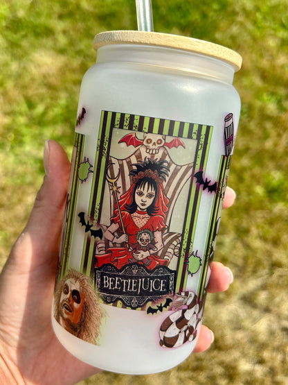 Beetlejuice - Libbey cup - glass can with bamboo lid and glass straw