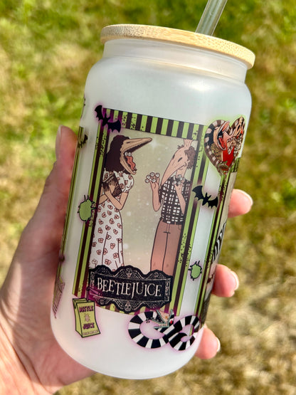 Beetlejuice - Libbey cup - glass can with bamboo lid and glass straw