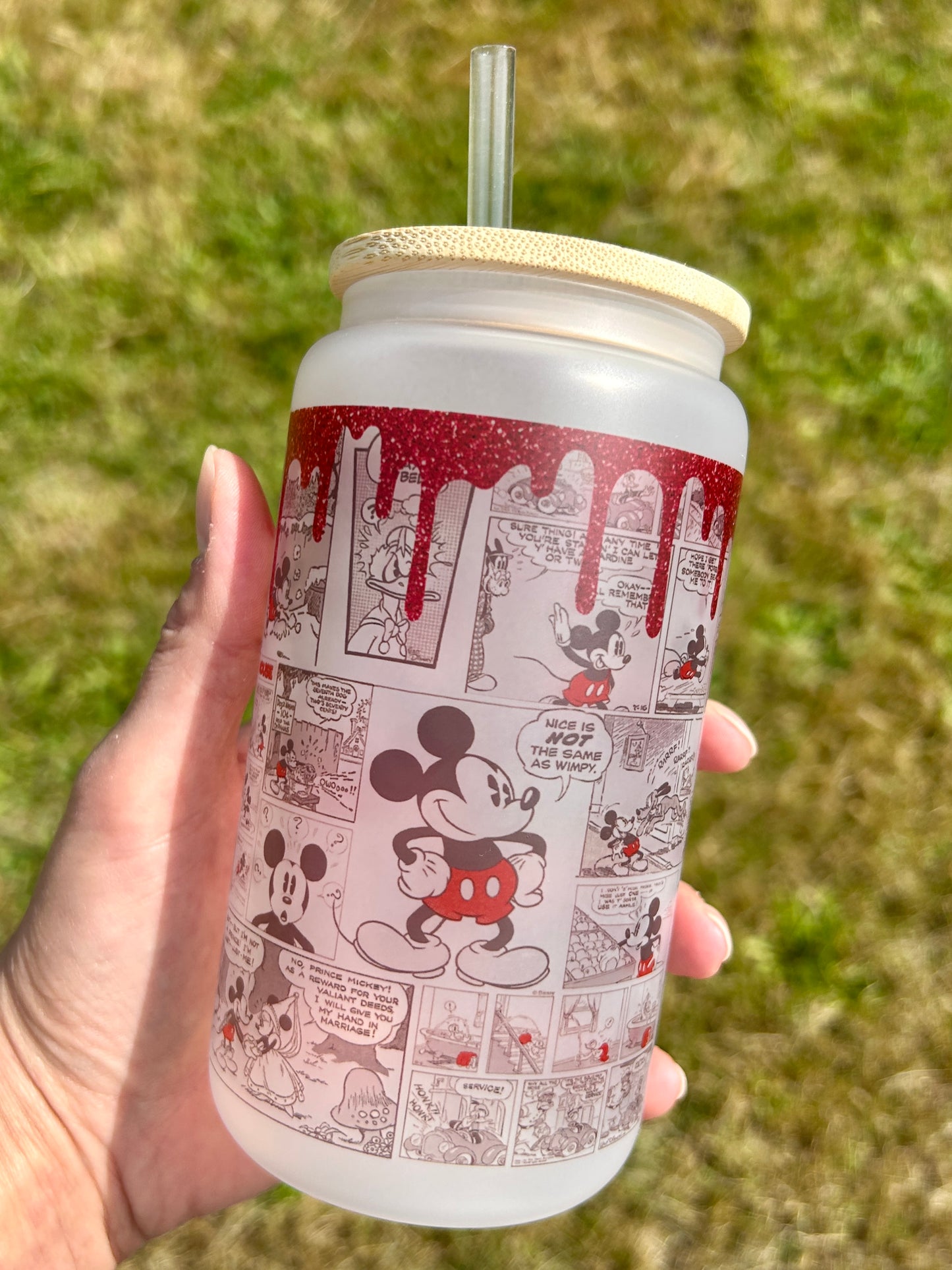 Red glitter Mickey - Libbey cup - glass can with bamboo lid and glass straw