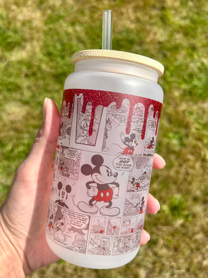 Red glitter Mickey - Libbey cup - glass can with bamboo lid and glass straw