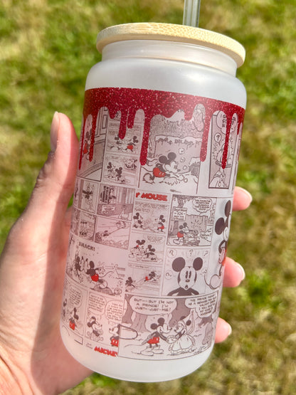 Red glitter Mickey - Libbey cup - glass can with bamboo lid and glass straw