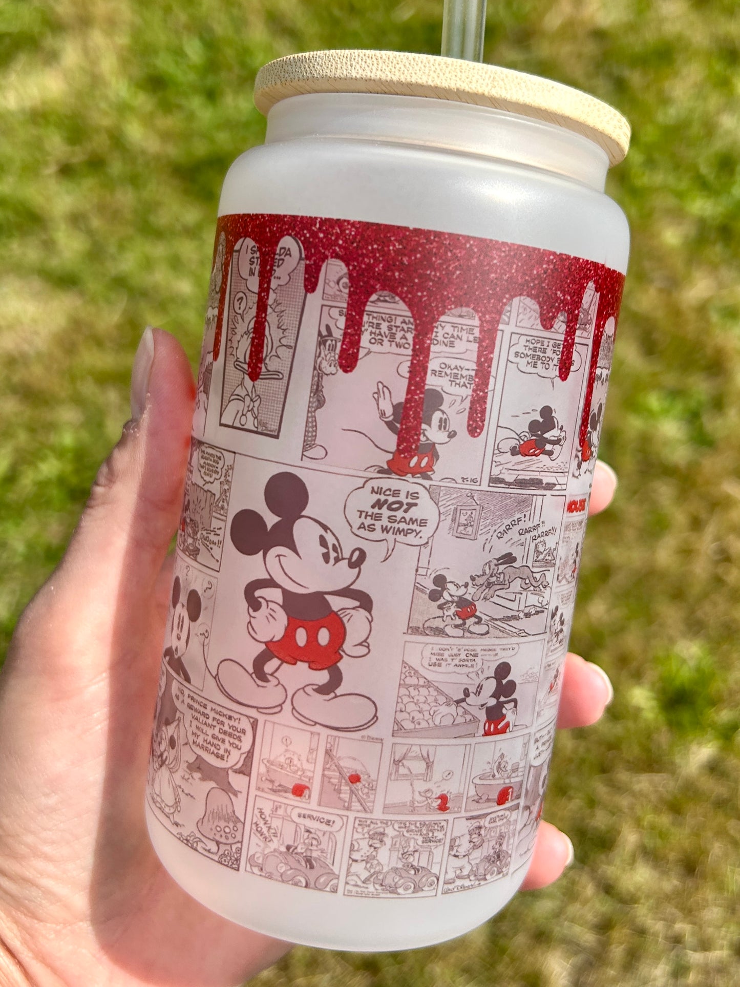 Red glitter Mickey - Libbey cup - glass can with bamboo lid and glass straw