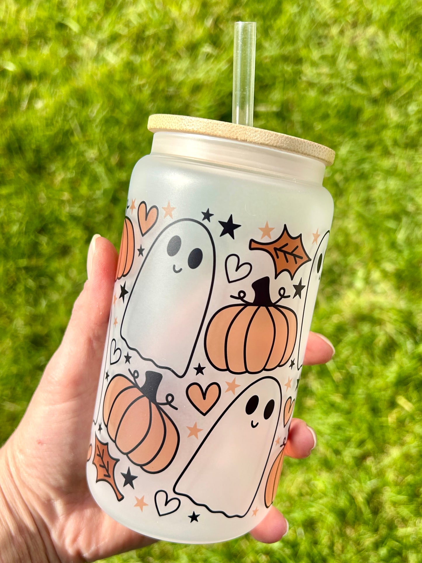 Pumpkins & Ghosts - Libbey cup - glass can with bamboo lid and glass straw